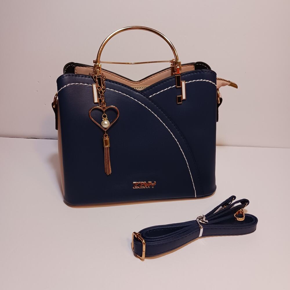 ZZMY Ladies Purse Handbag Blue And Pink Metal Handles Crossbody Strap Charm NEW